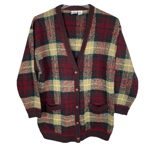 VTG 80s Grandpa Sweater Cardigan Size L Burgundy Plaid Wool Blend Leather Button - Picture 1 of 11